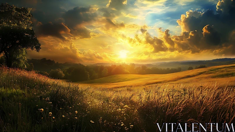 Sunlit meadow drifts beneath blazing, dream-soaked sky at dusk.