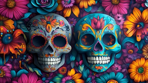 Colorful sugar skulls framed by dense neon flowers.