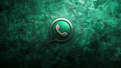 Metallic WhatsApp glyph on textured emerald concrete surface
