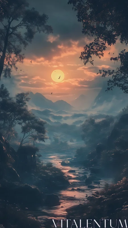 Cinematic dusk river valley renders atmospheric depth and glow