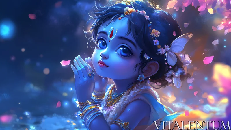 Gentle blue child gazes upward in a dreamy flower glow