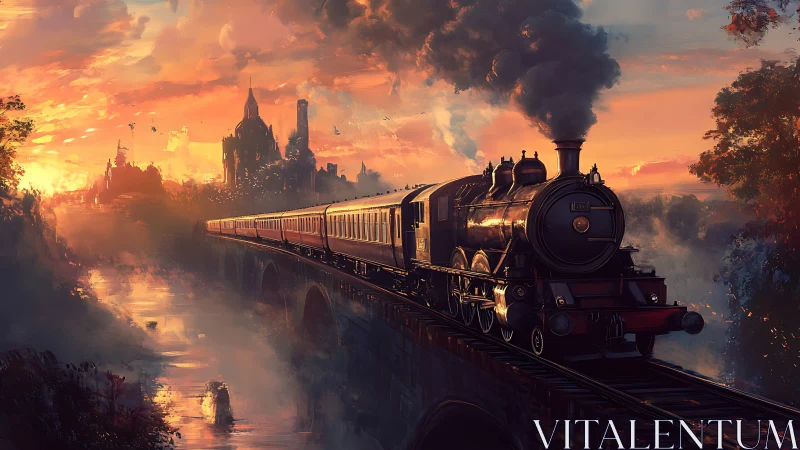 Steam locomotive crossing river bridge at cinematic sunset glow