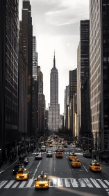 Yellow taxis stream toward a towering city landmark.