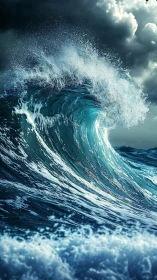 Storm wave surges under dark thunderclouds, spray exploding.