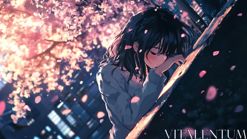Girl rests on railing under illuminated cherry blossoms at night