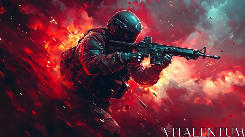 Armored soldier advances through explosive red battlefield