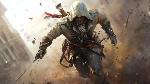 Hooded rogue charges through crumbling battlefield chaos.