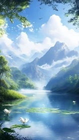 Luminous alpine river valley with lilies under towering cumulus