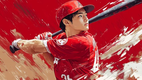 Bold red baseball swing frozen in electric motion painting.