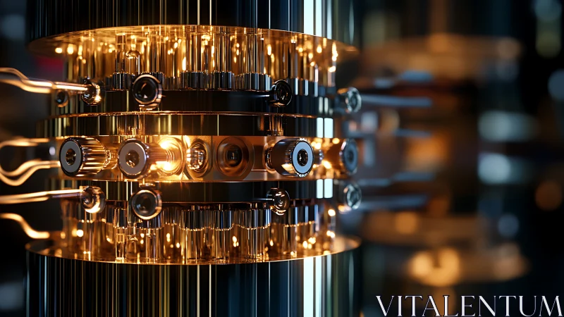 Luminous quantum processor core in polished metal chamber.