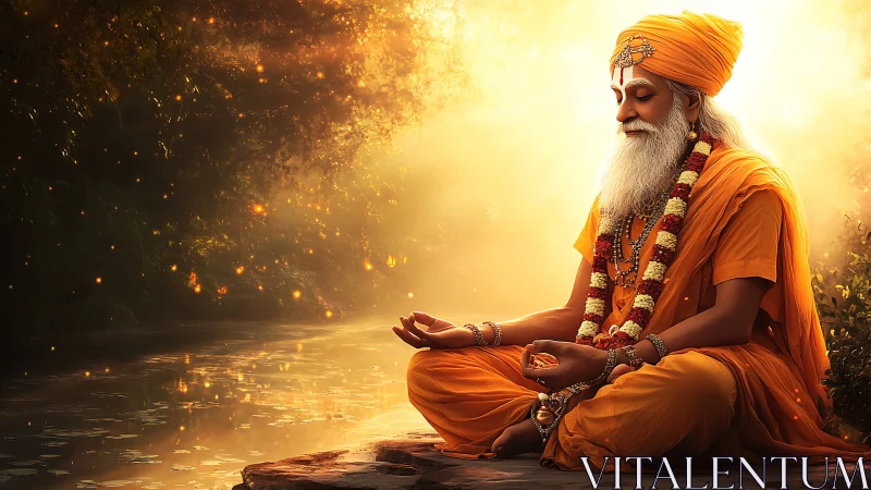 Digital painting of meditative sage in radiant riverside light.