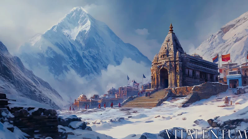 Stone mountain temple complex in snowy alpine valley.