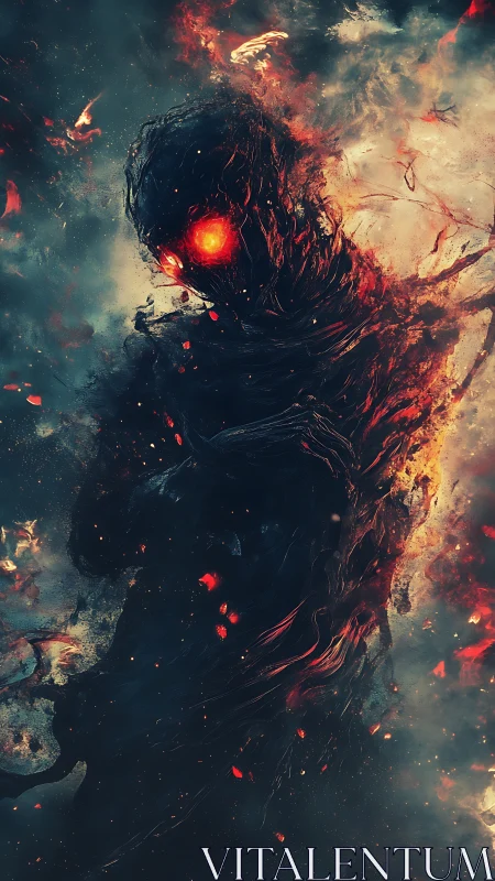 Fiery shadow figure rises with glowing ember eyes in smoke