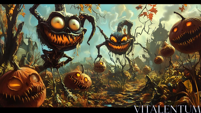 Cackling pumpkin beasts prowl a haunted autumn wasteland.