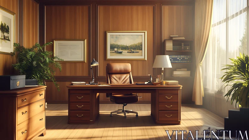 Traditional executive office shows wooden desk and warm light