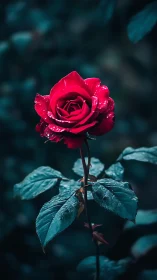Crimson rose with water droplets in dark moody setting.