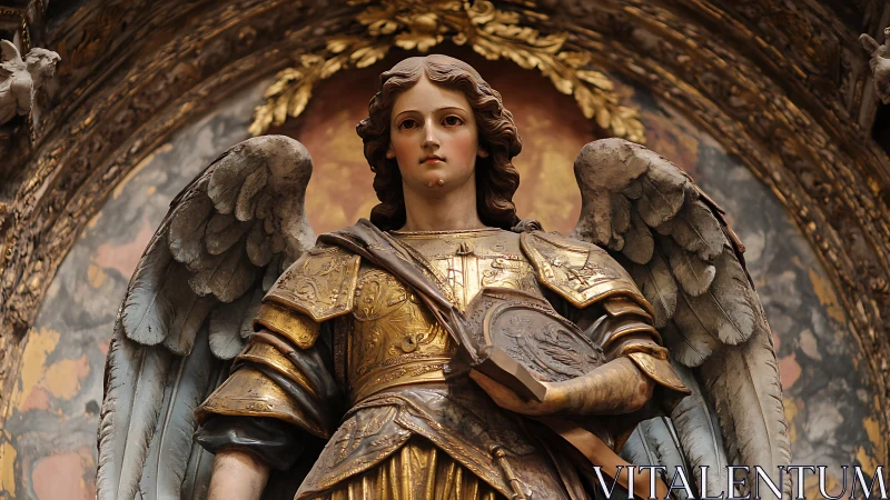 Winged armored statue holding shield in ornate setting.