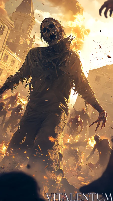 Towering burning zombie strides through a ruined city street