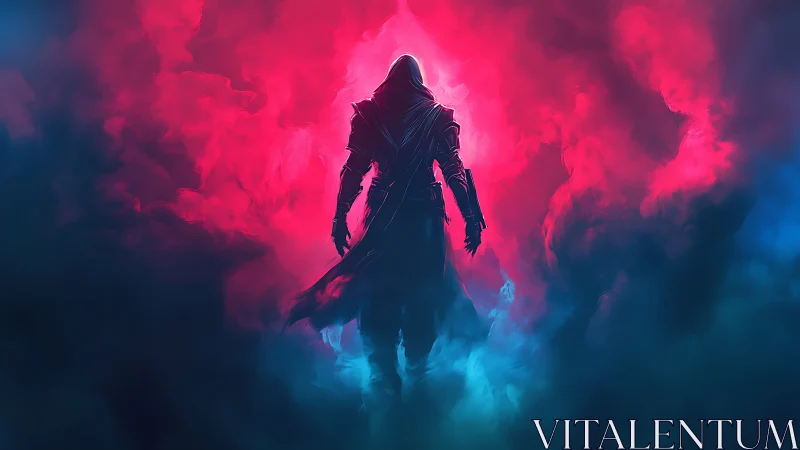 Hooded warrior silhouette walks into neon mist portal