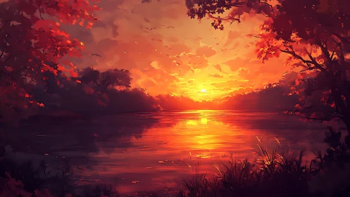 Sunset over forest lake with reflective water surface.