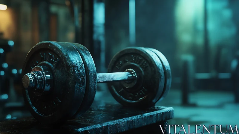 Metal dumbbell on bench in dim industrial style gym.