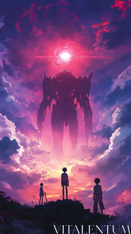 Sunset stand‑off with a celestial mech and three kids.