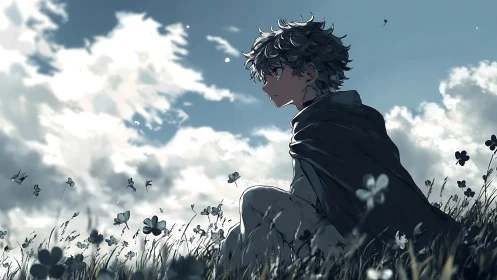 Quiet daydream boy resting in a breezy clover meadow.