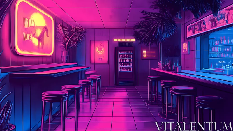 Neon-lit retro synthwave bar interior with magenta cyan glow