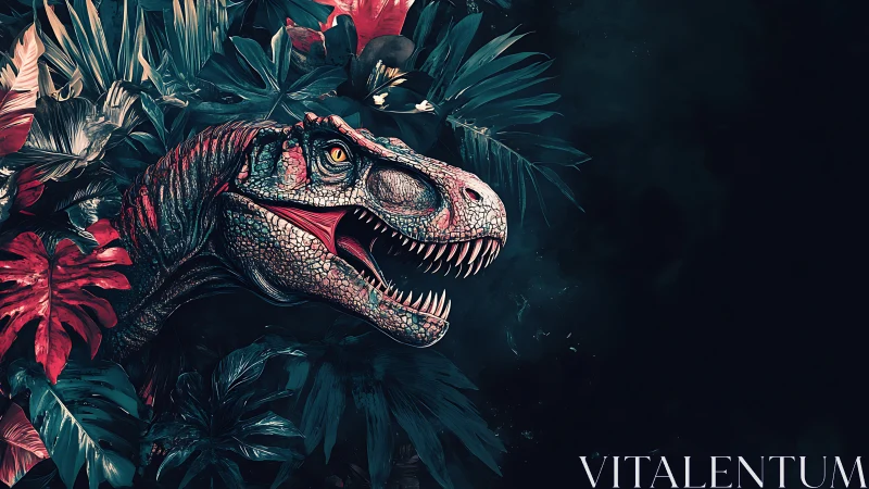 Night jungle raptor grinning through neon-shadowed leaves.