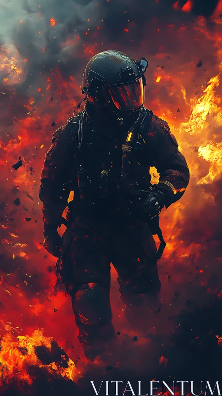 Armored tactical soldier walking through dense flames.
