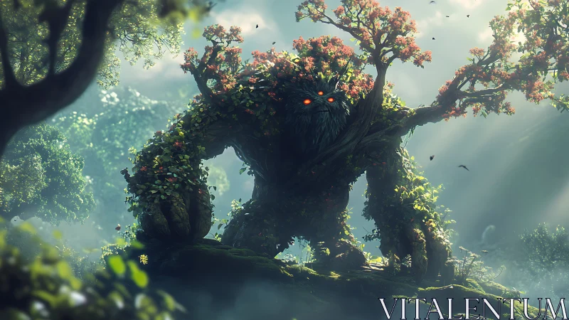 Forest tree golem with glowing eyes in misty sunlight.