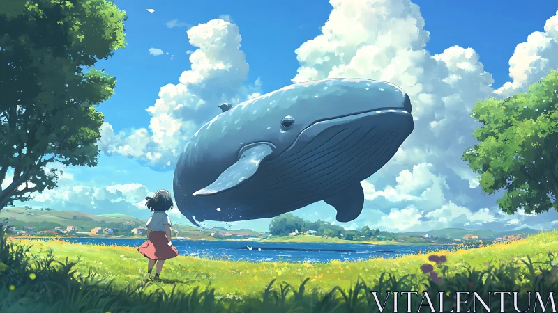 Gentle sky whale drifts above a child in a sunny meadow