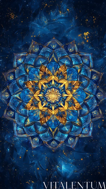 Golden blue mandala radiates over deep cosmic background.