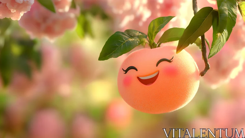 Smiling peach character glows with joy in a dreamy orchard