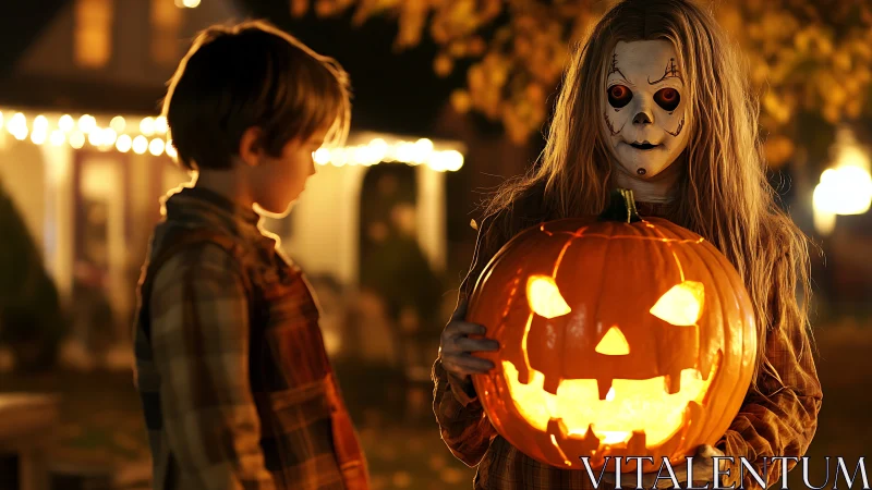 Masked child showcases glowing jack-o’-lantern in shallow focus