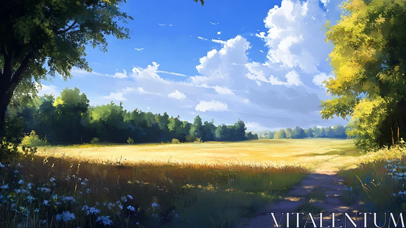 Open rural field with tree line under bright midday sky.