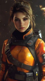 Futuristic female explorer in orange tactical exosuit portrait.