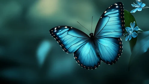 High-saturation blue morpho butterfly rendered with shallow depth-of-field