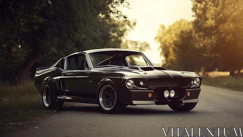 Restored fastback muscle car on tree lined country road at dusk