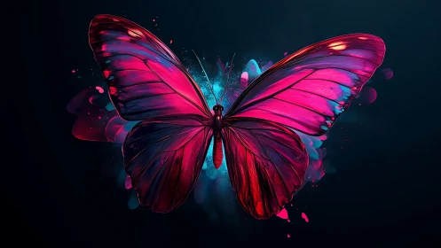 Vibrant neon butterfly with glowing wings on dark background.
