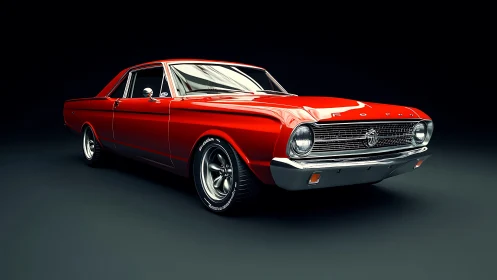 Red classic coupe muscle car on dark studio background.