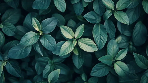 Dense overhead view of broad green foliage leaves cluster.