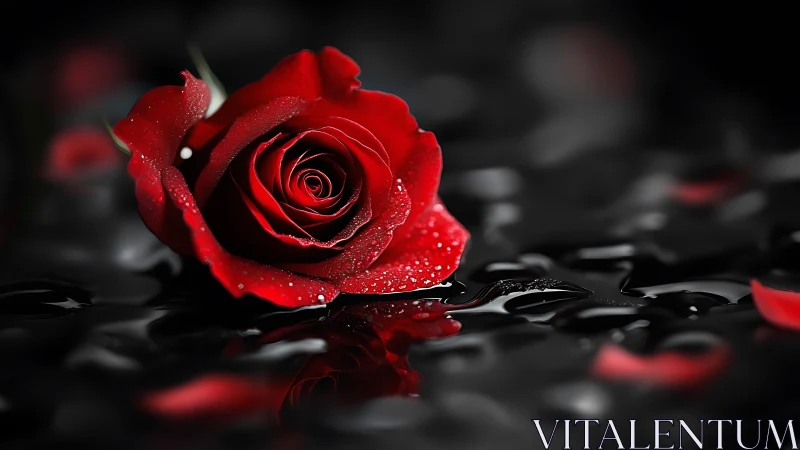 Red rose with water droplets on black background