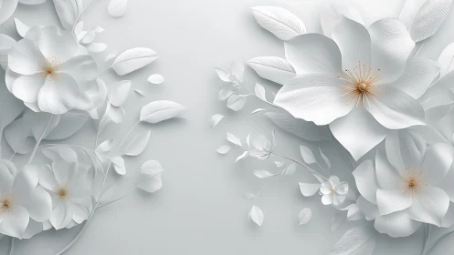 Layered White Flowers with Gold Centers on Soft Gray Background.