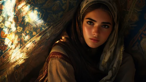 Young woman in headscarf beside patterned tapestry.