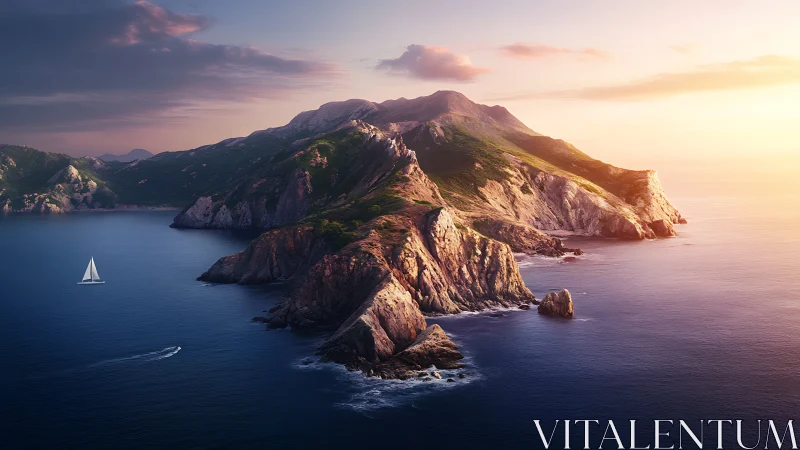 Rocky Island at Golden Hour with Sailboat.