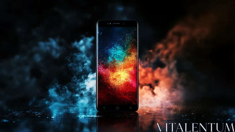Cyberpunk smartphone showcase with bicolor nebula illumination.