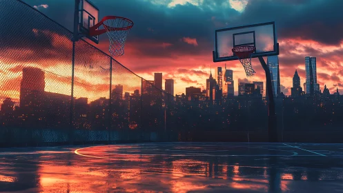 City basketball court glows under dramatic sunset sky