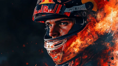 Close-up helmeted racing driver with dynamic fiery backdrop.