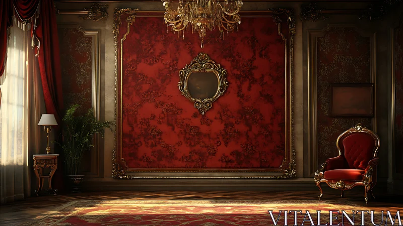 Opulent baroque sitting room with red walls and chair.